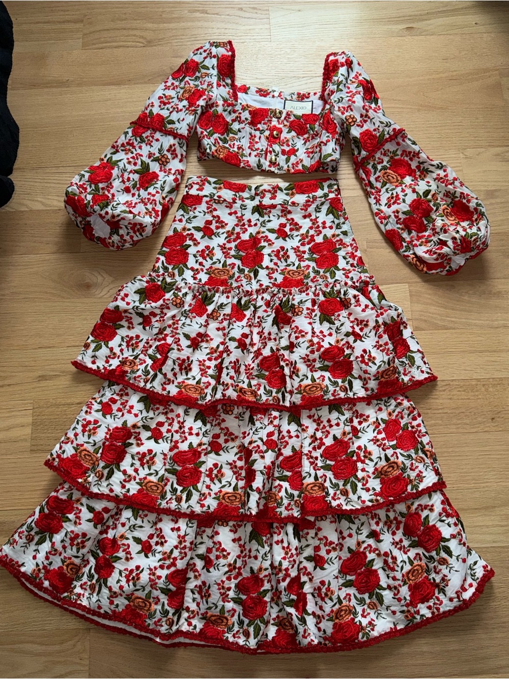 Alexis White Maxi Skirt Set with Red Floral Embroidery